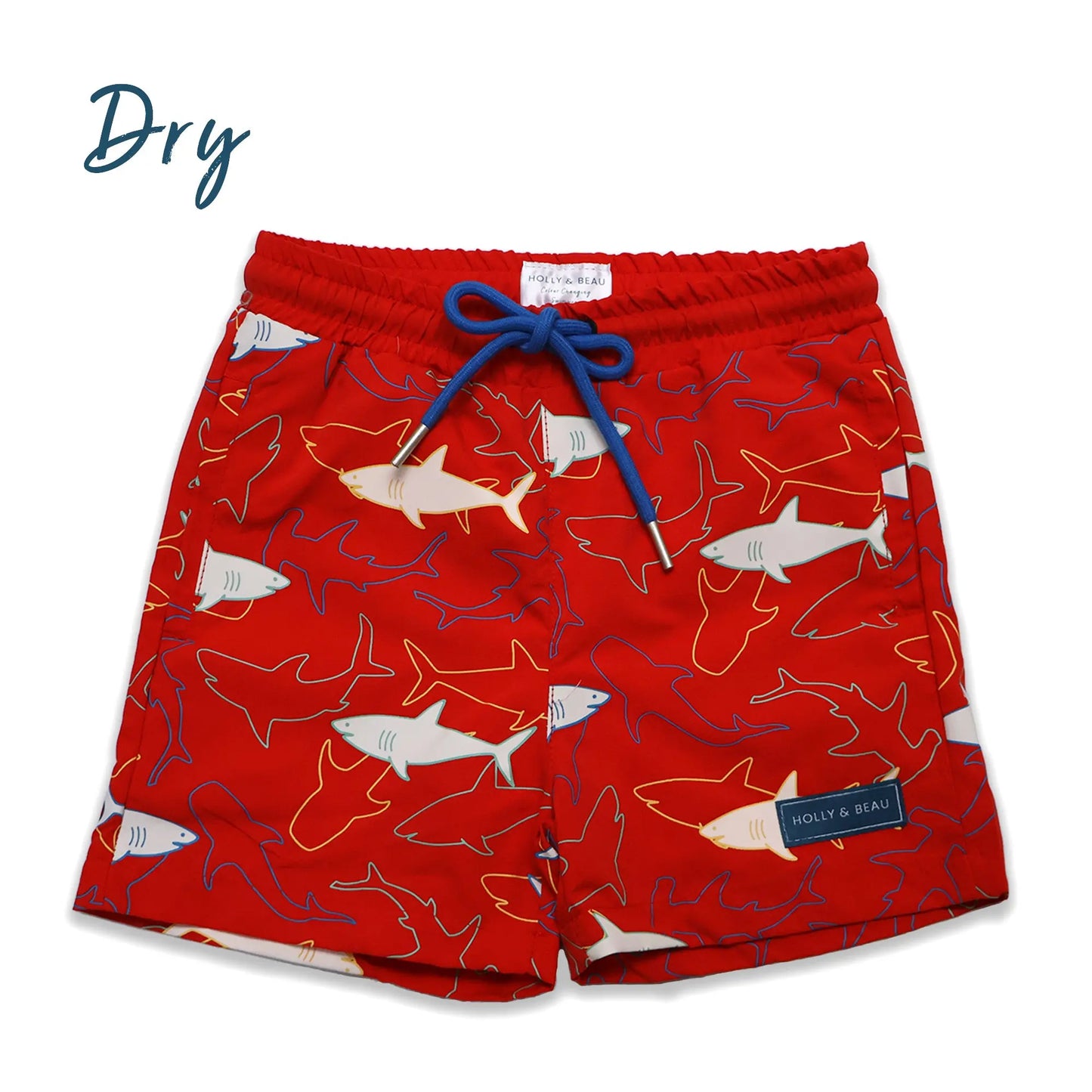 Holly and Beau Red sharks boys color changing swim trunks. Dry front view