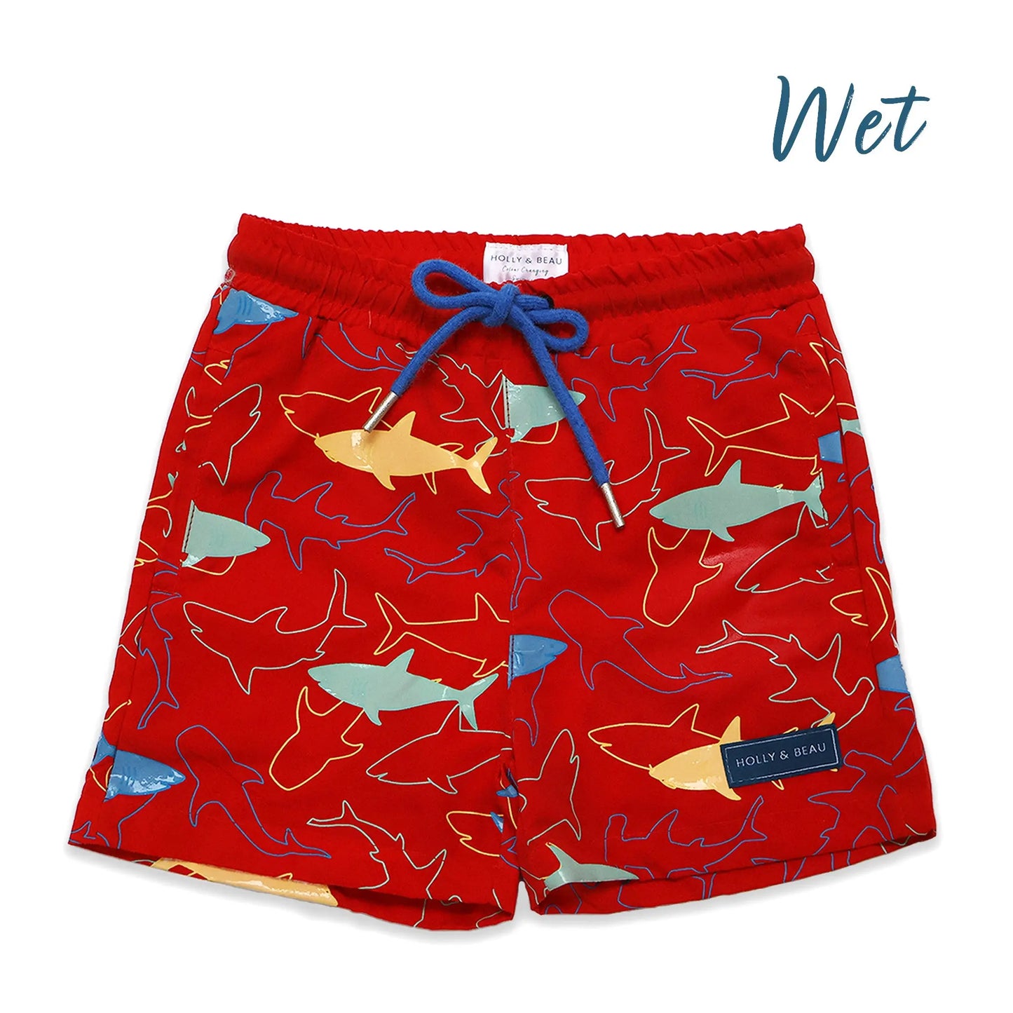 Holly and Beau Red sharks boys color changing swim trunks. Wet front view