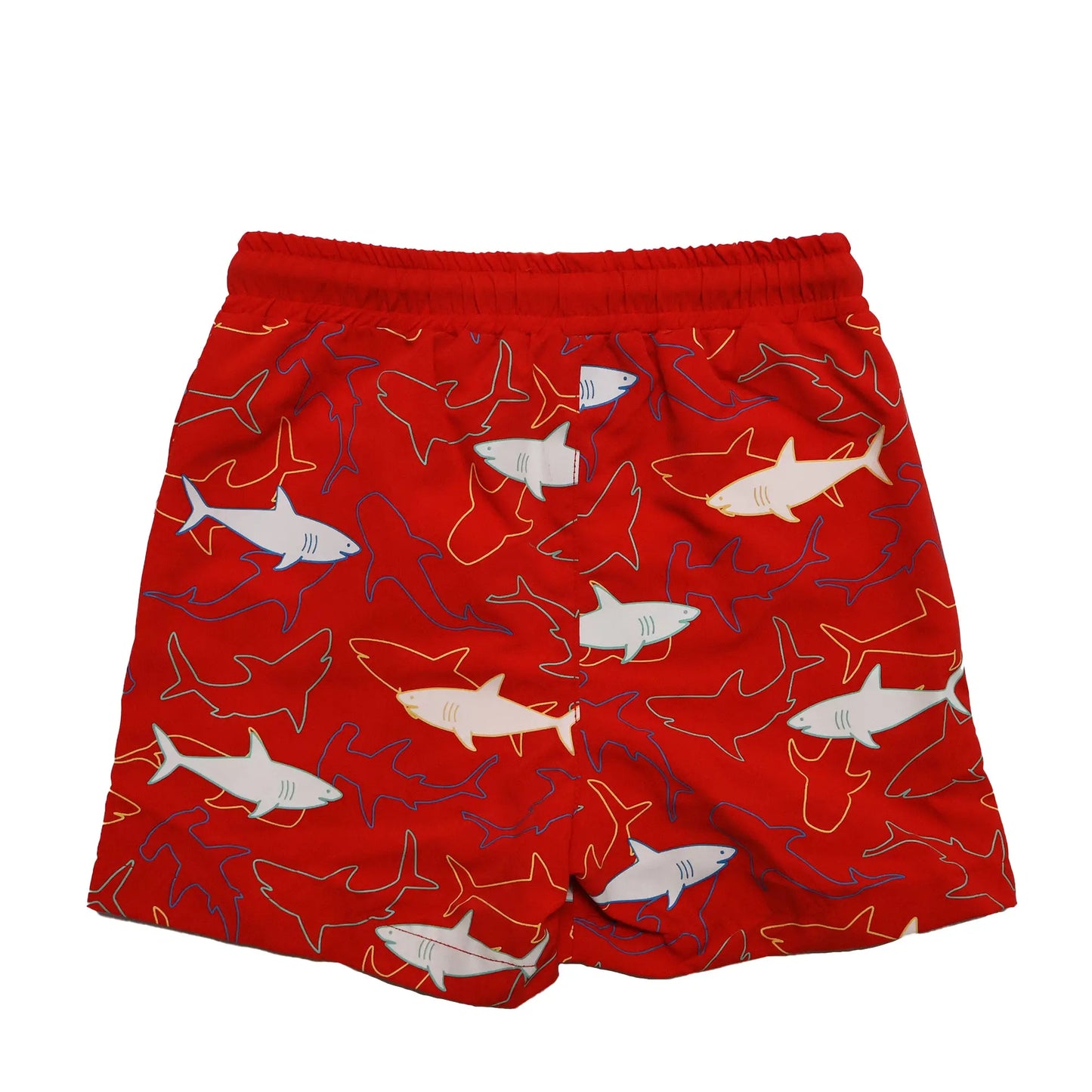 Holly and Beau Red sharks boys color changing swim trunks. Dry back view
