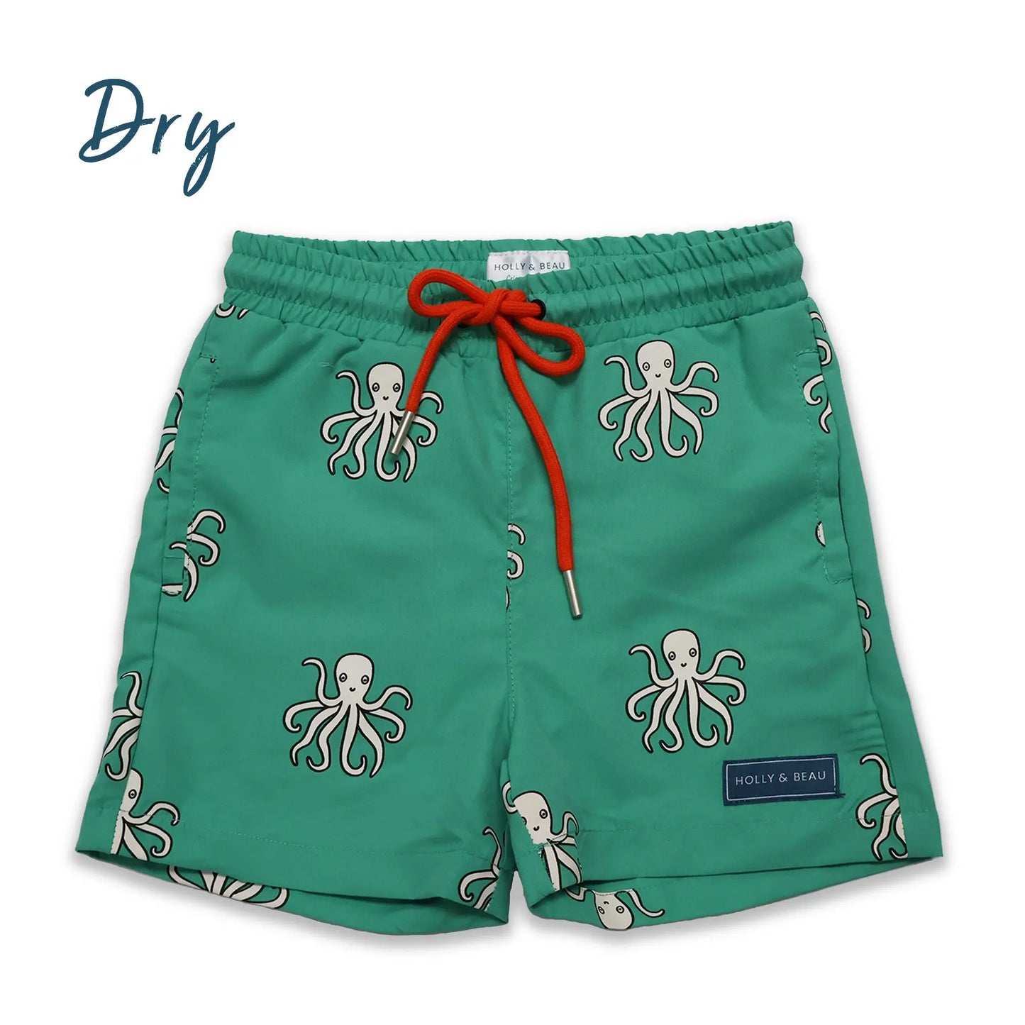 Holly and Beau Front dry color changing octopus swim trunks