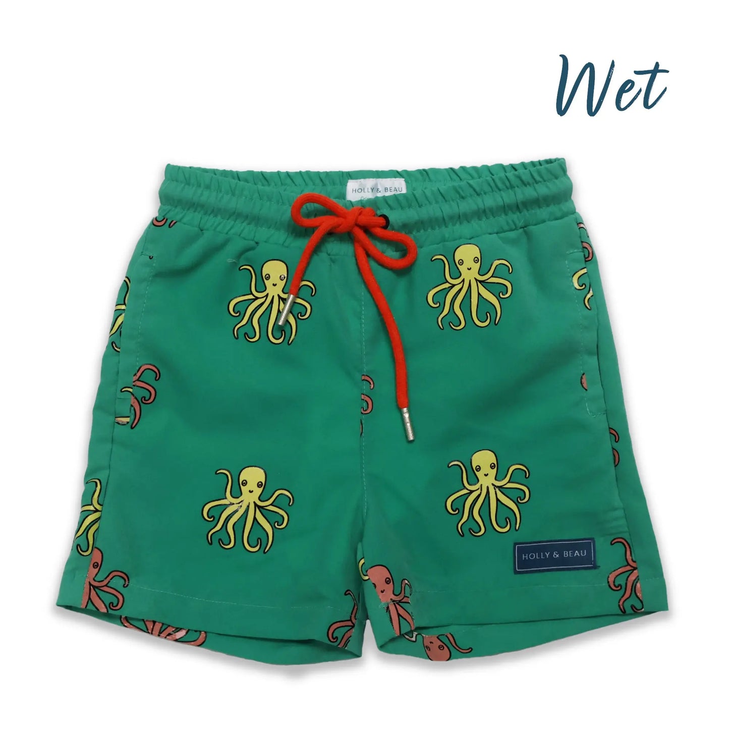 Holly and Beau Front wet color changing octopus swim trunks