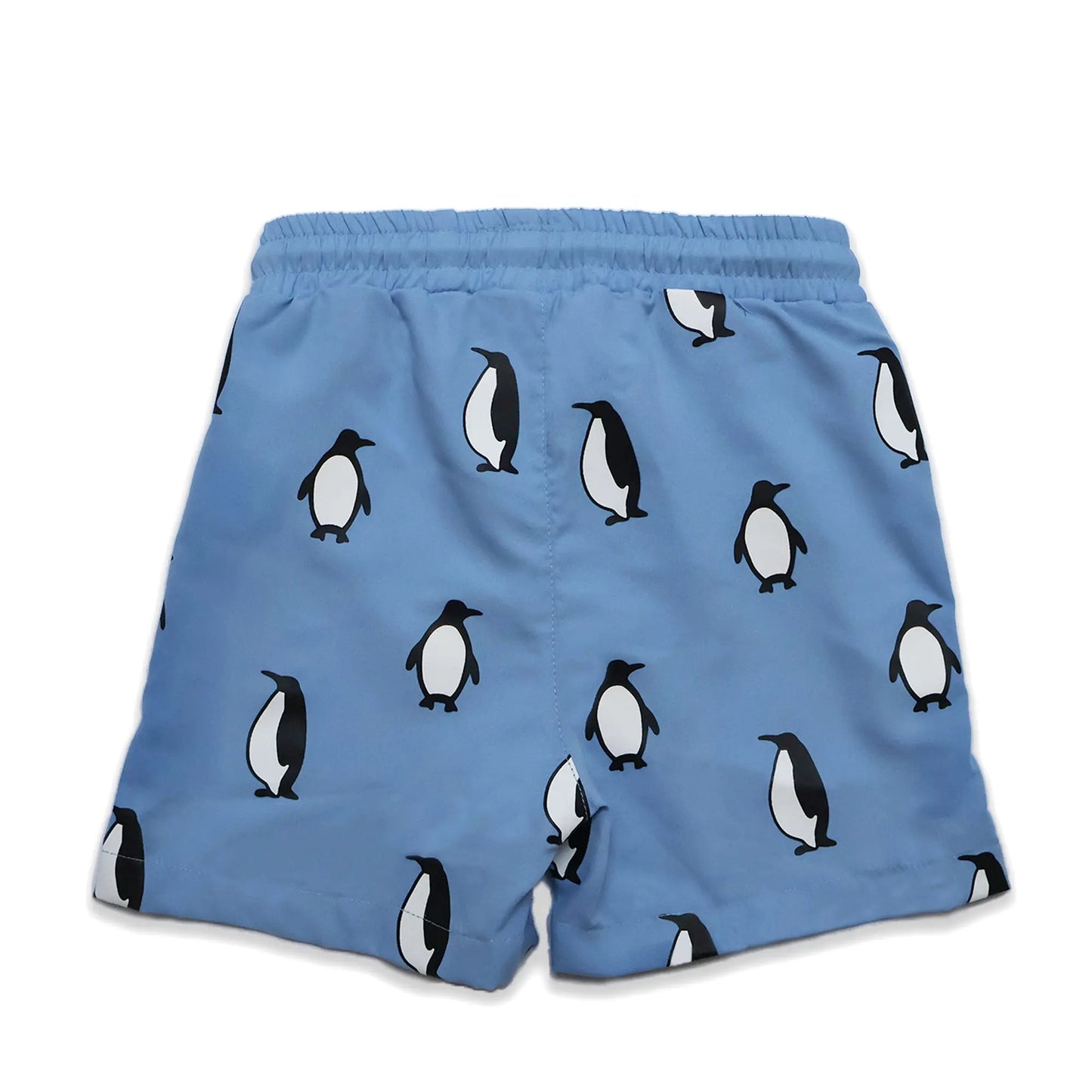 Holly and Beau light blue penguin boys color changing swim trunks. Dry back view