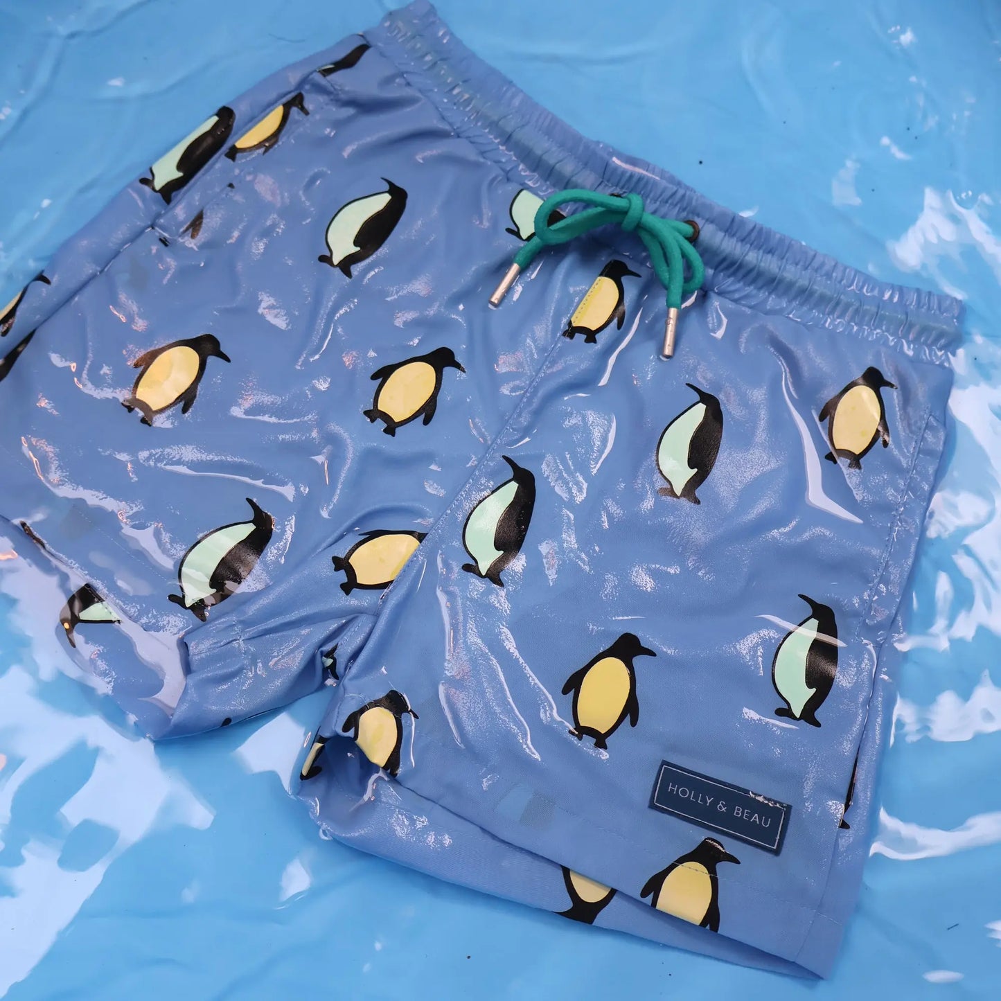 Holly and Beau light blue penguin boys color changing swim trunks in the water after color change