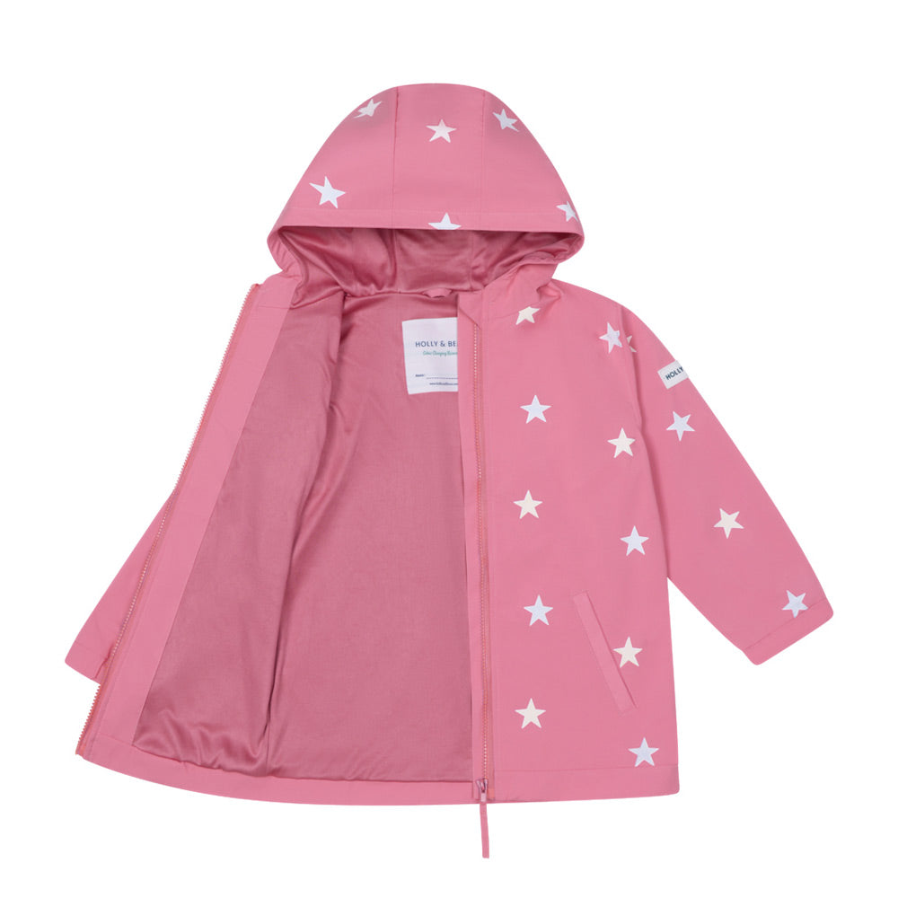 Girls color changing pink star raincoat by Holly and Beau. Front and inside view of the color changing raincoat. Soft polyester lining.