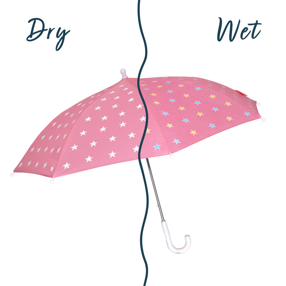 kids pink star color changing umbrella by Holly and Beau. Side view of the umbrella with a wet/dry comparison. Stick kids color changing umbrella.