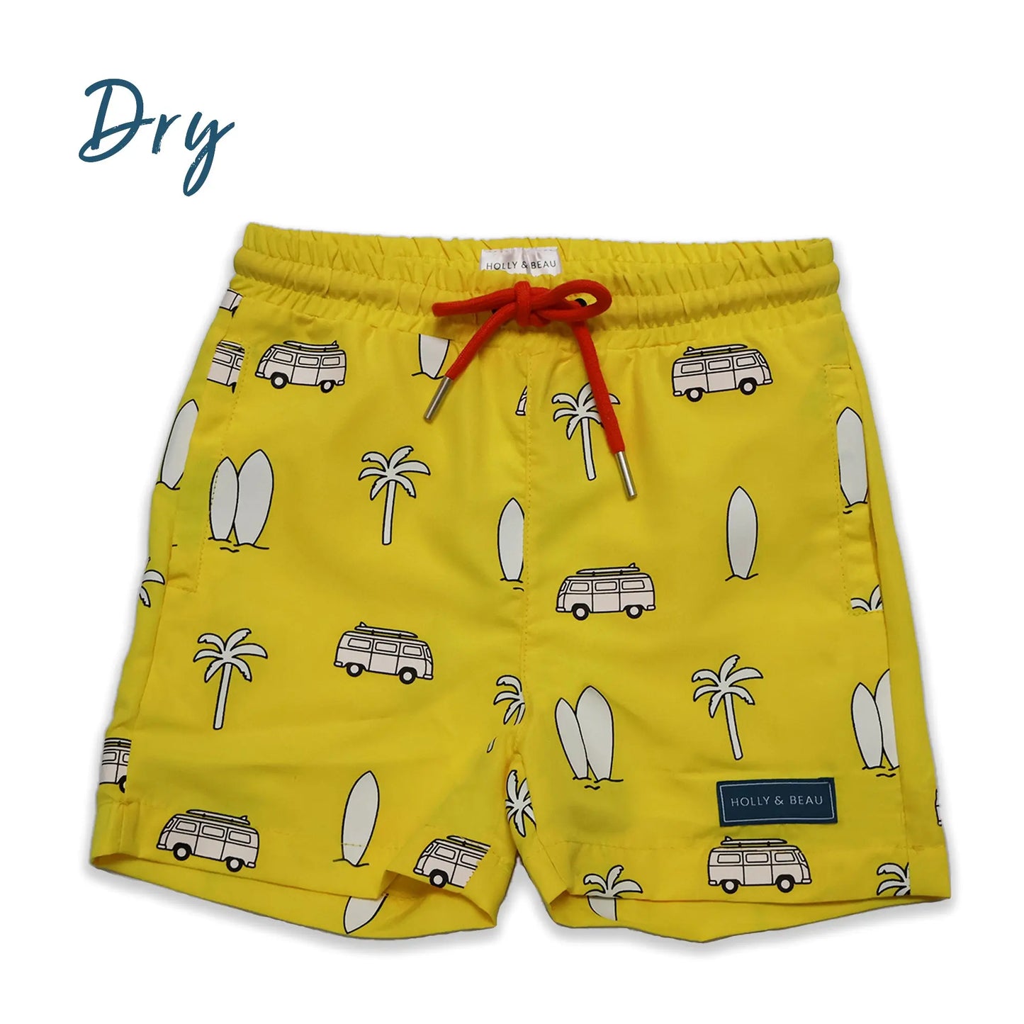 Holly and Beau yellow surfboards boys color changing swim trunks. Dry view before color change