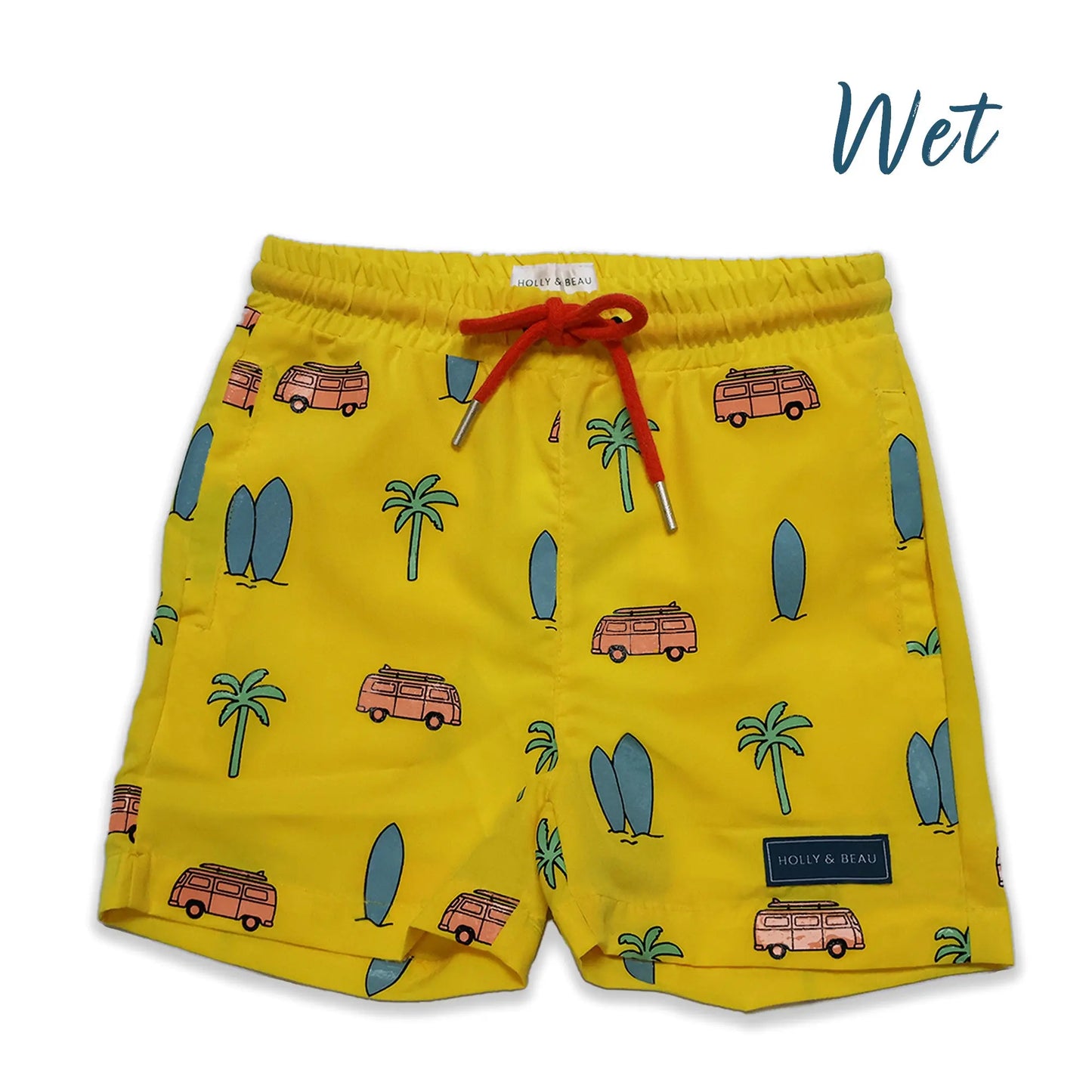 Yellow surfboards boys colour changing swim trunks. Wet view after colour change