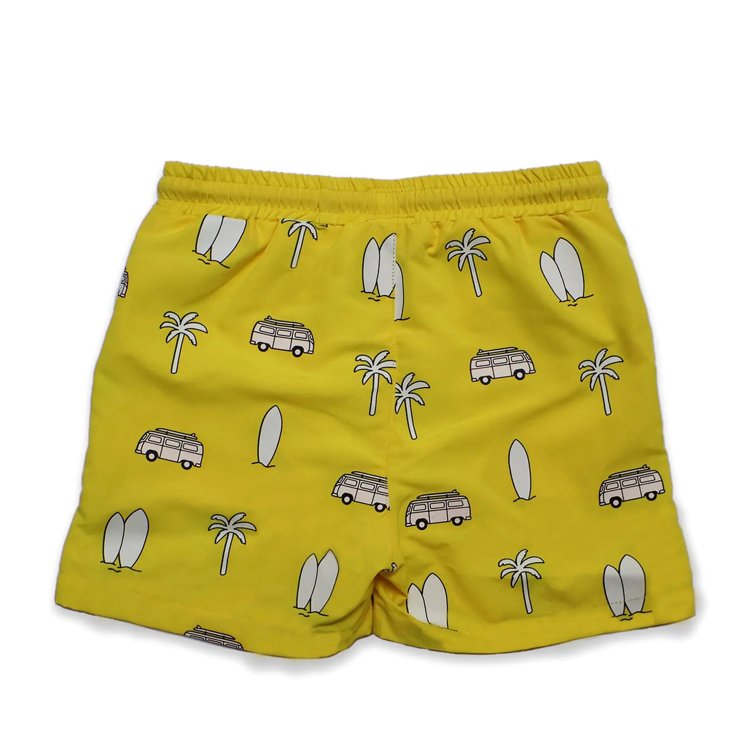 Holly and Beau Yellow surfboards boys color changing swim trunks Back view