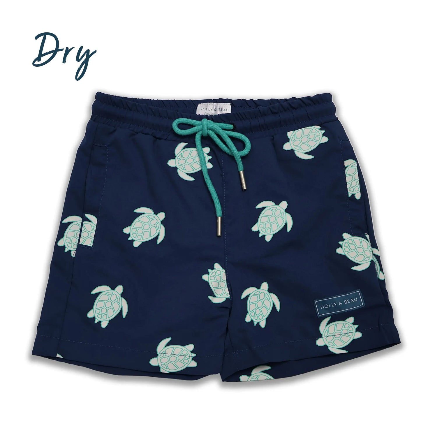 Turtle design dry color changing boys swim trunks by Holly and Beau