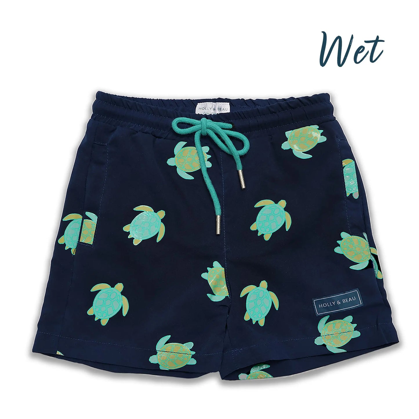Turtle design wet color changing boys swim trunks by Holly and Beau