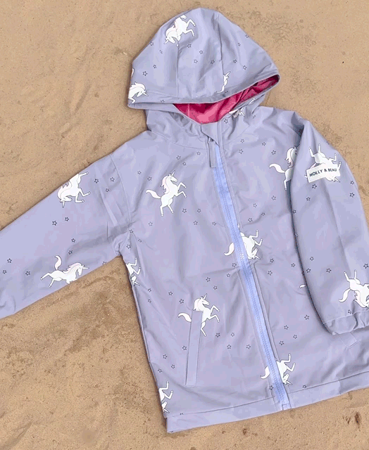 Holly and Beau Magical gif kids color changing unicorn raincoat
