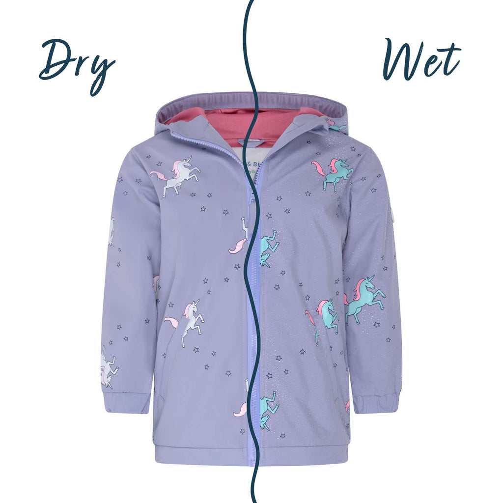 Girls unicorn color changing raincoat by Holly and Beau. Front wet and dry view of the color changing girls raincoat.