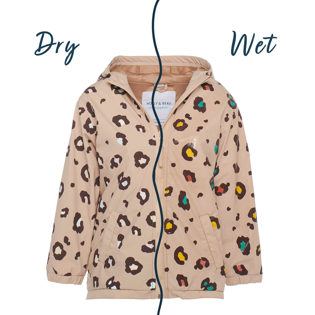 kids color changing rain jacket in leopard print design. This kids color changing rain jacket changes color when it comes into contact with water. Fun gift for little girl 