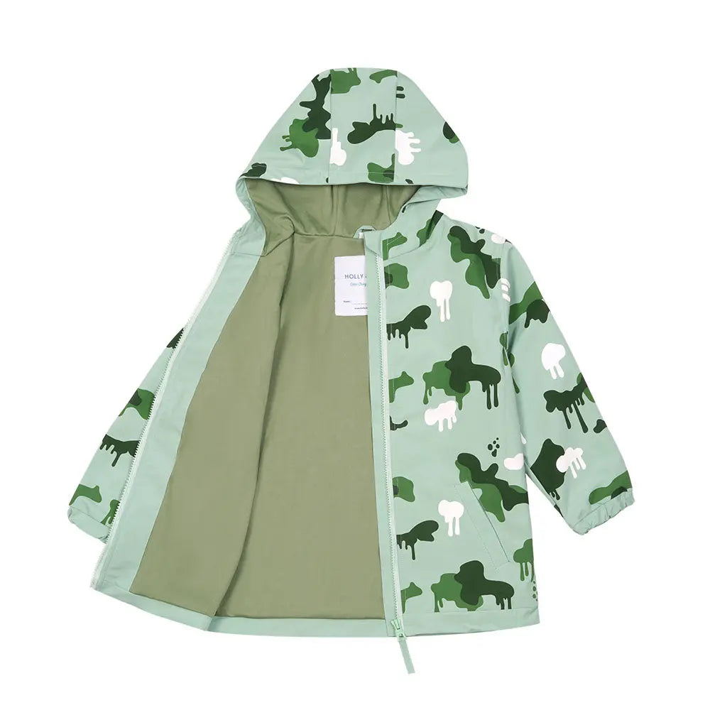 Holly and Beau Front lining view kids green color changing camouflage raincoat