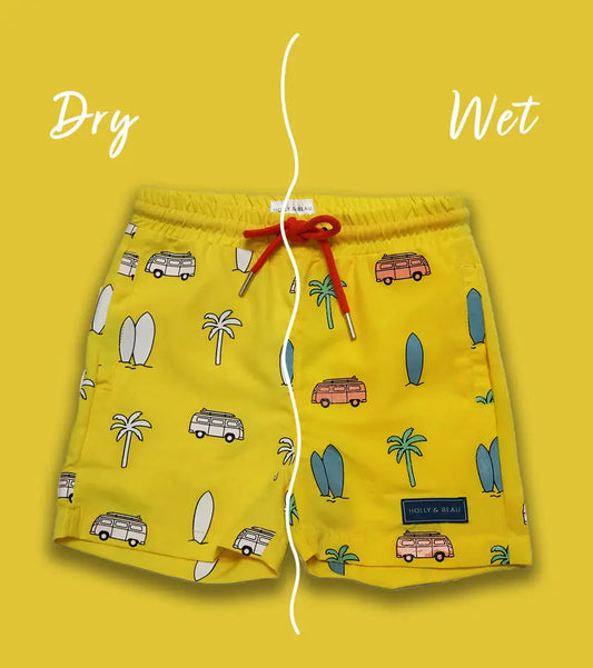 Color Changing Surfboard Swim Trunks www.hollyandbeau.com