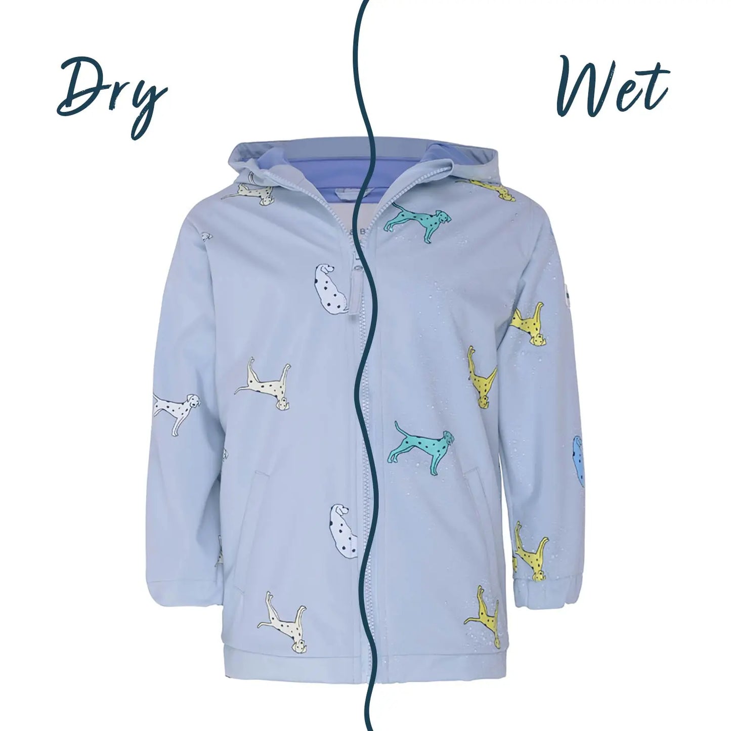 Holly and Beau Wet/dry kids blue dalmatian color changing raincoat