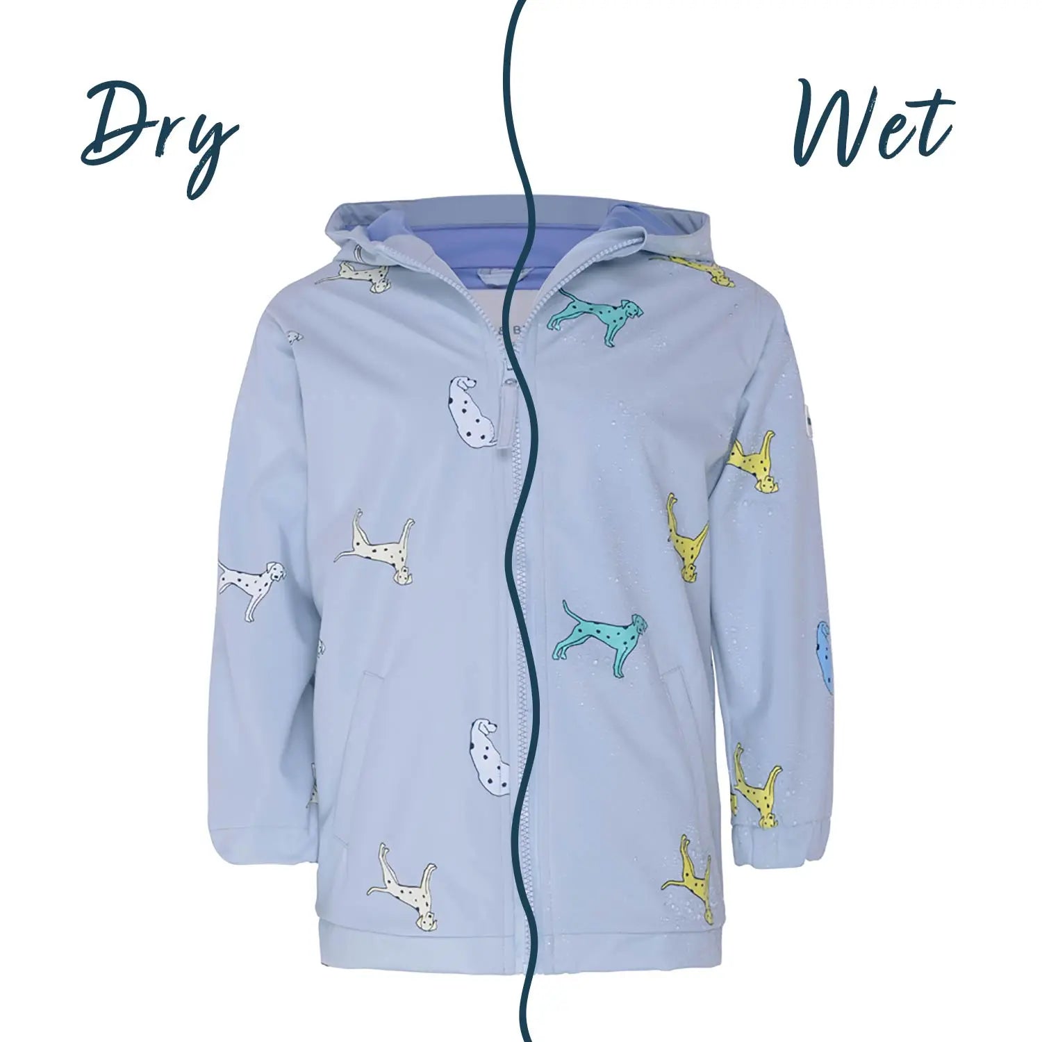 Holly and Beau Wet/dry kids blue dalmatian color changing raincoat