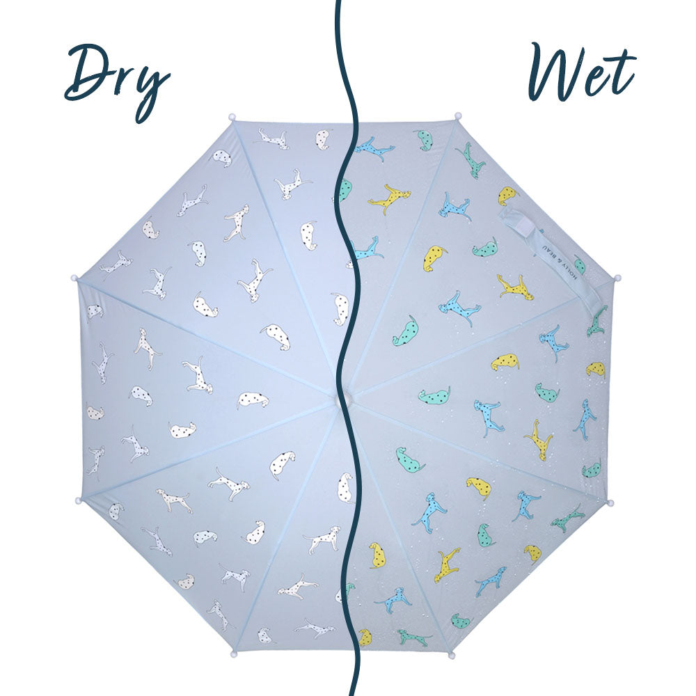 Kids light blue dalmatian color changing umbrella by Holly and Beau. Above view of the kids color changing umbrella with a wet/dry comparison. Stick kids color changing umbrella.