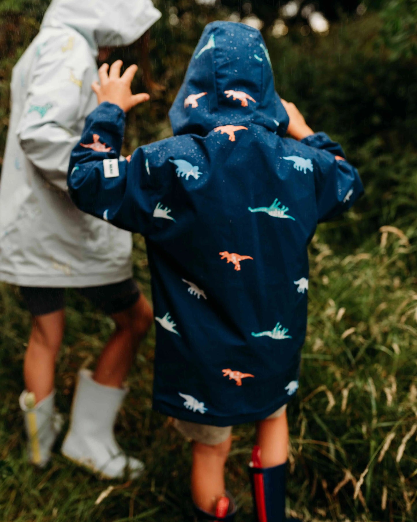 Holly and Beau Outdoor adventures in the dinosaur colour changing raincoat, back view