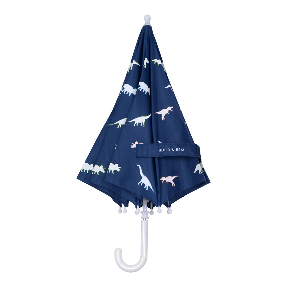 Holly and Beau dinosaur color changing umbrella. Folded stick kids color changing umbrella.