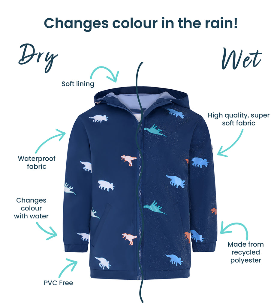 Magical color changing kids raincoat in navy blue dinosuar design