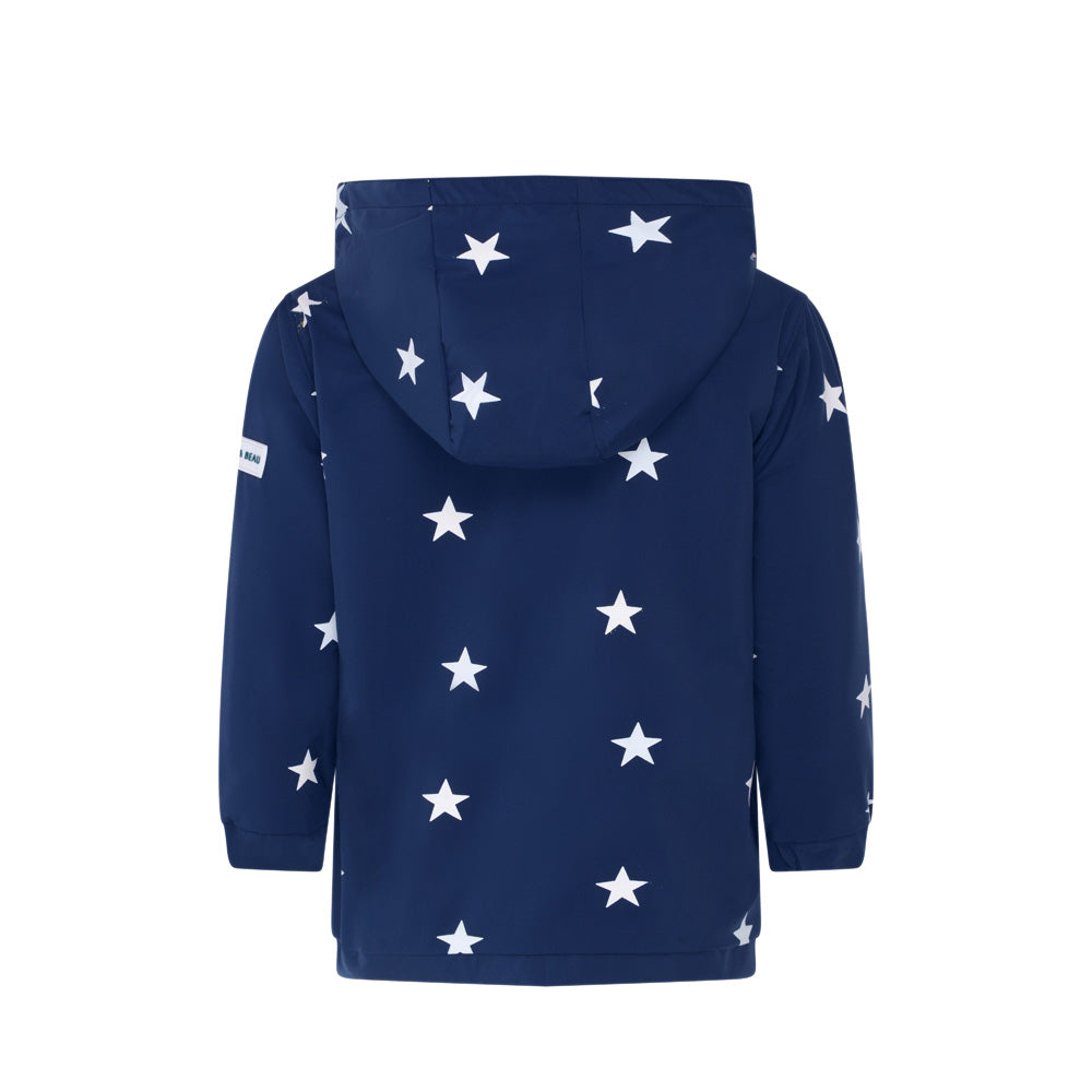 Blue star design kids color changing raincoat by Holly and Beau. Back view of the dry kids color changing raincoat