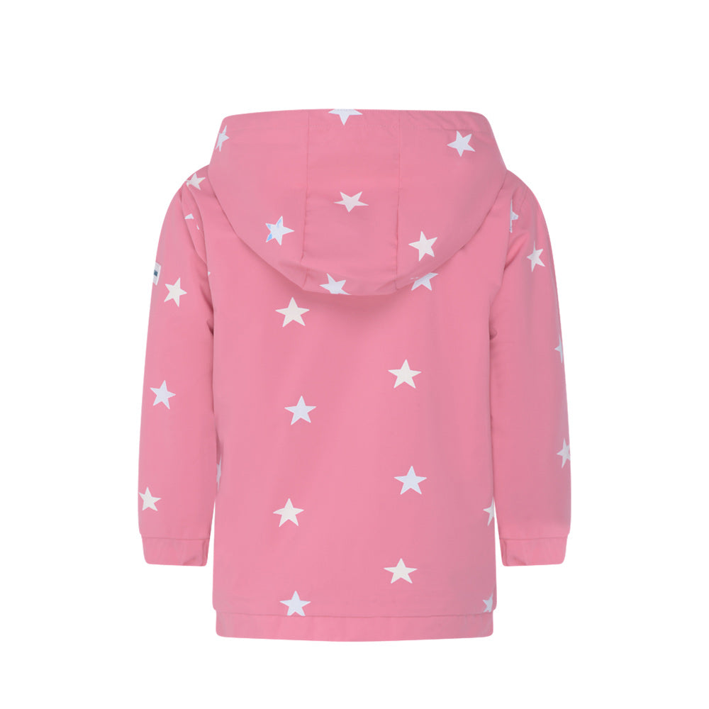Girls color changing pink star raincoat by Holly and Beau. Back dry view of the color changing raincoat.