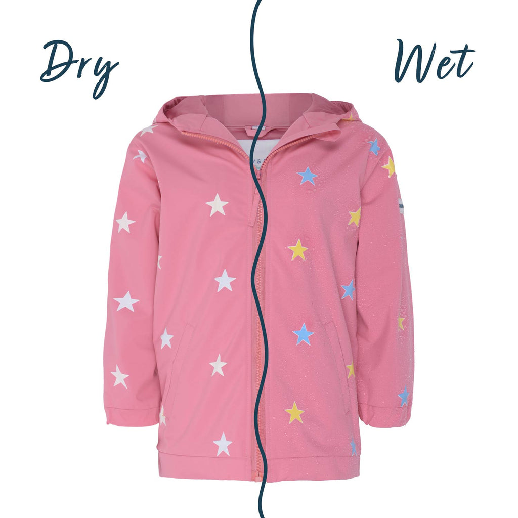 Girls color changing pink star raincoat by Holly and Beau. Front view of the wet and dry color changing raincoat..