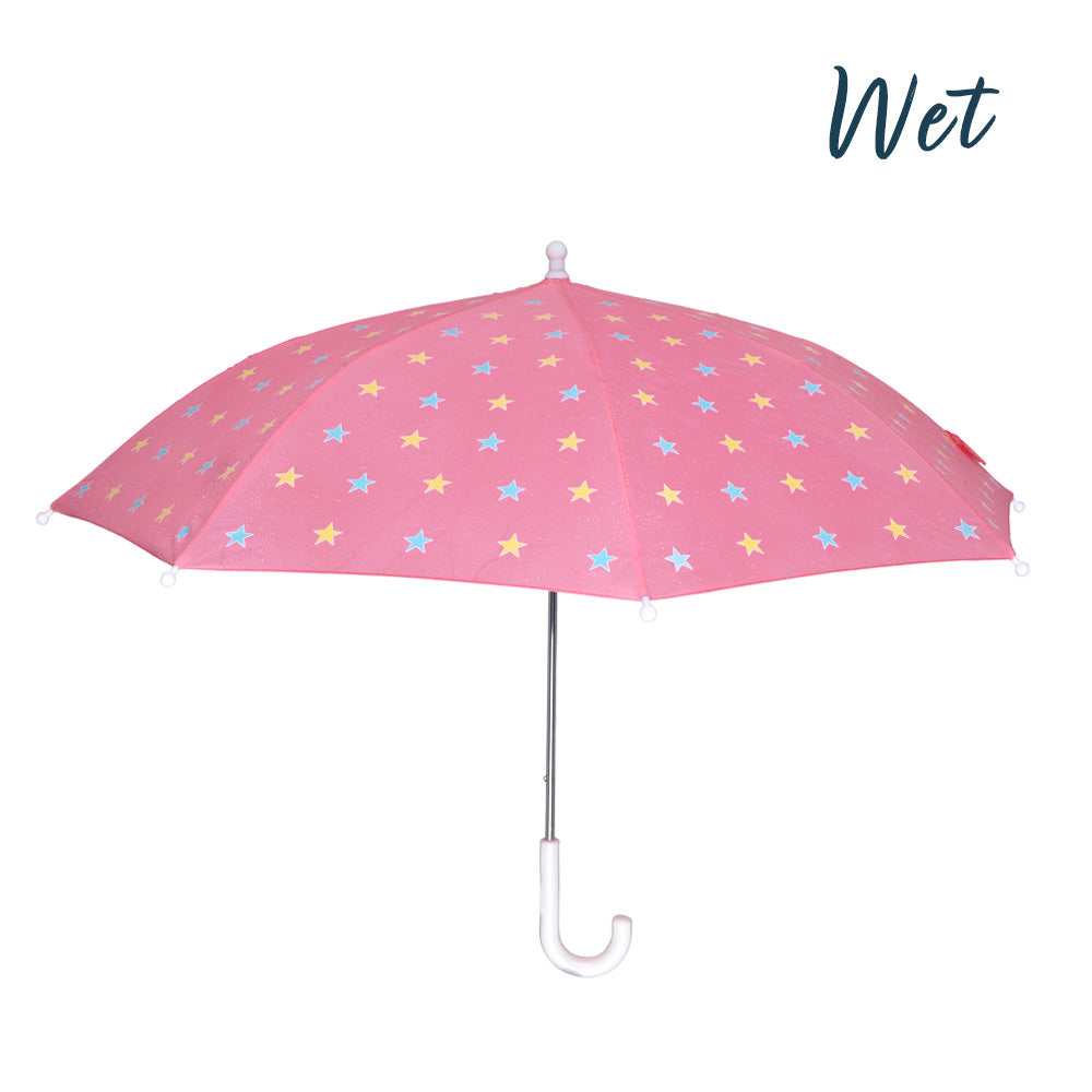 kids pink star color changing umbrella by Holly and Beau. Side view of the color changing umbrella with a wet view after color change. Stick kids colour changing umbrella.