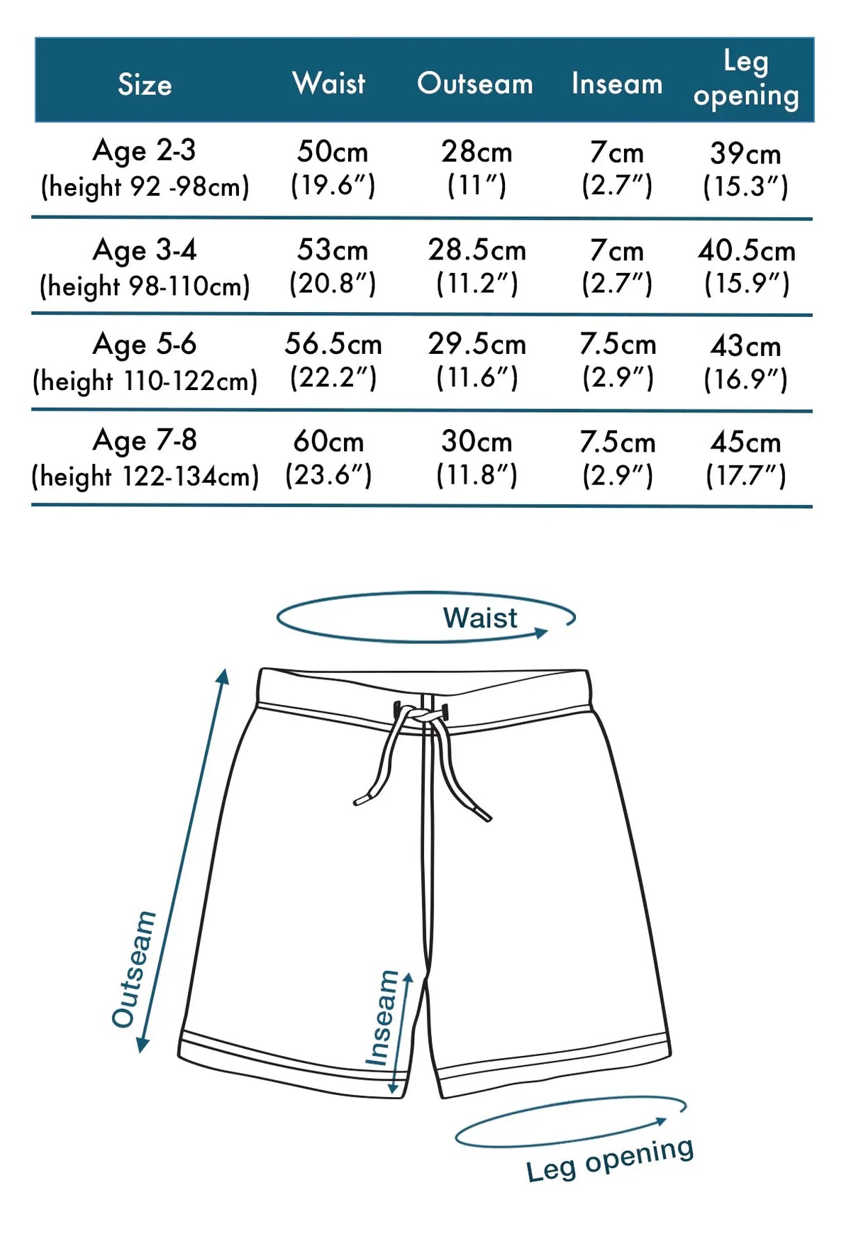 Measurement chart for children's shorts with size chart and diagram of shorts.