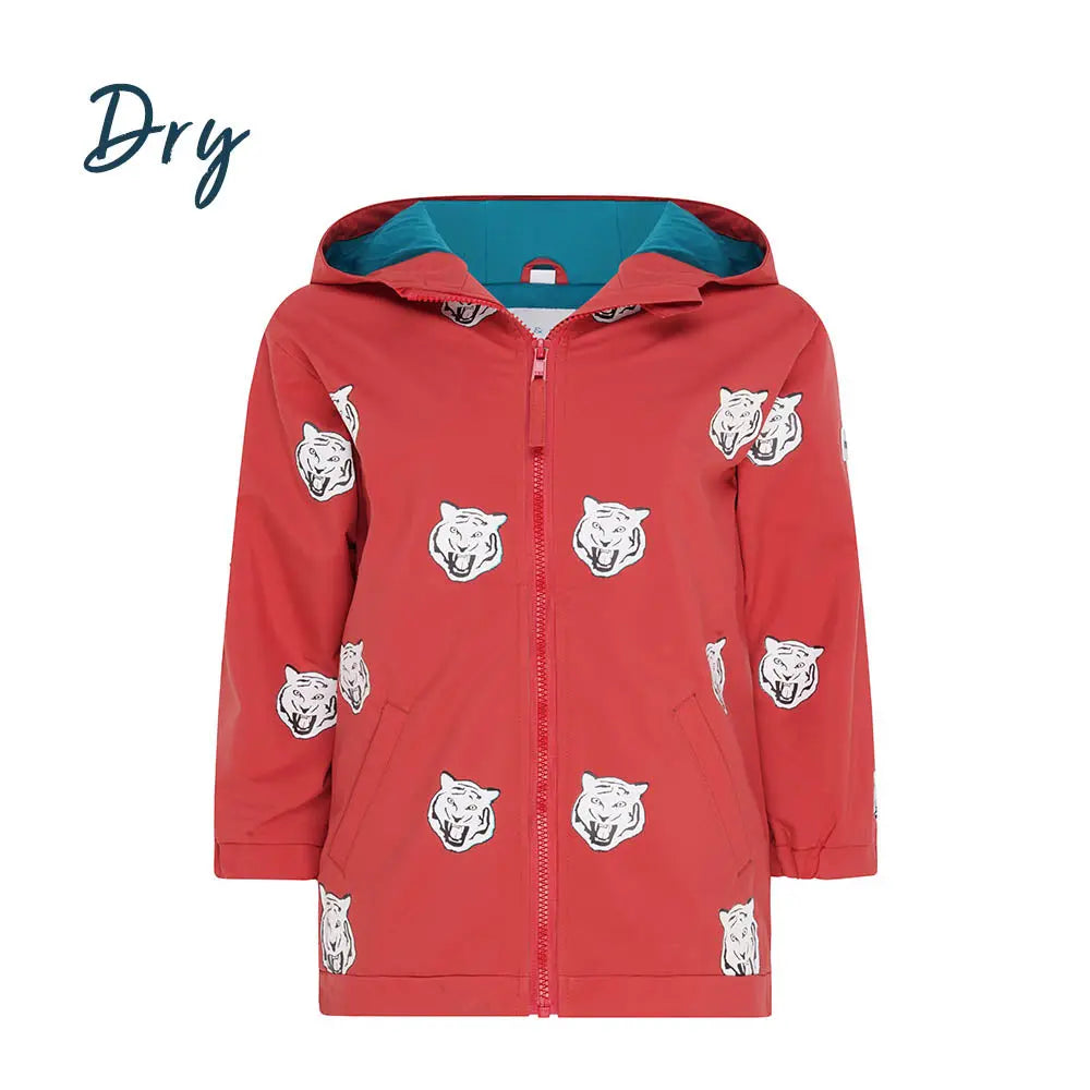 Holly and Beau Front dry view of the red tiger color changing raincoat