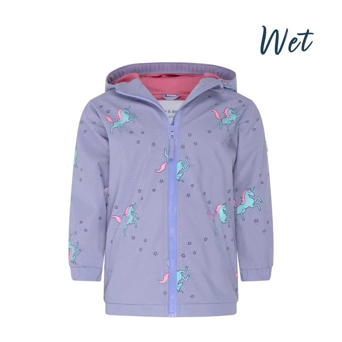 Girls unicorn color changing raincoat by Holly and Beau. Front wet view of the color changing girls raincoat