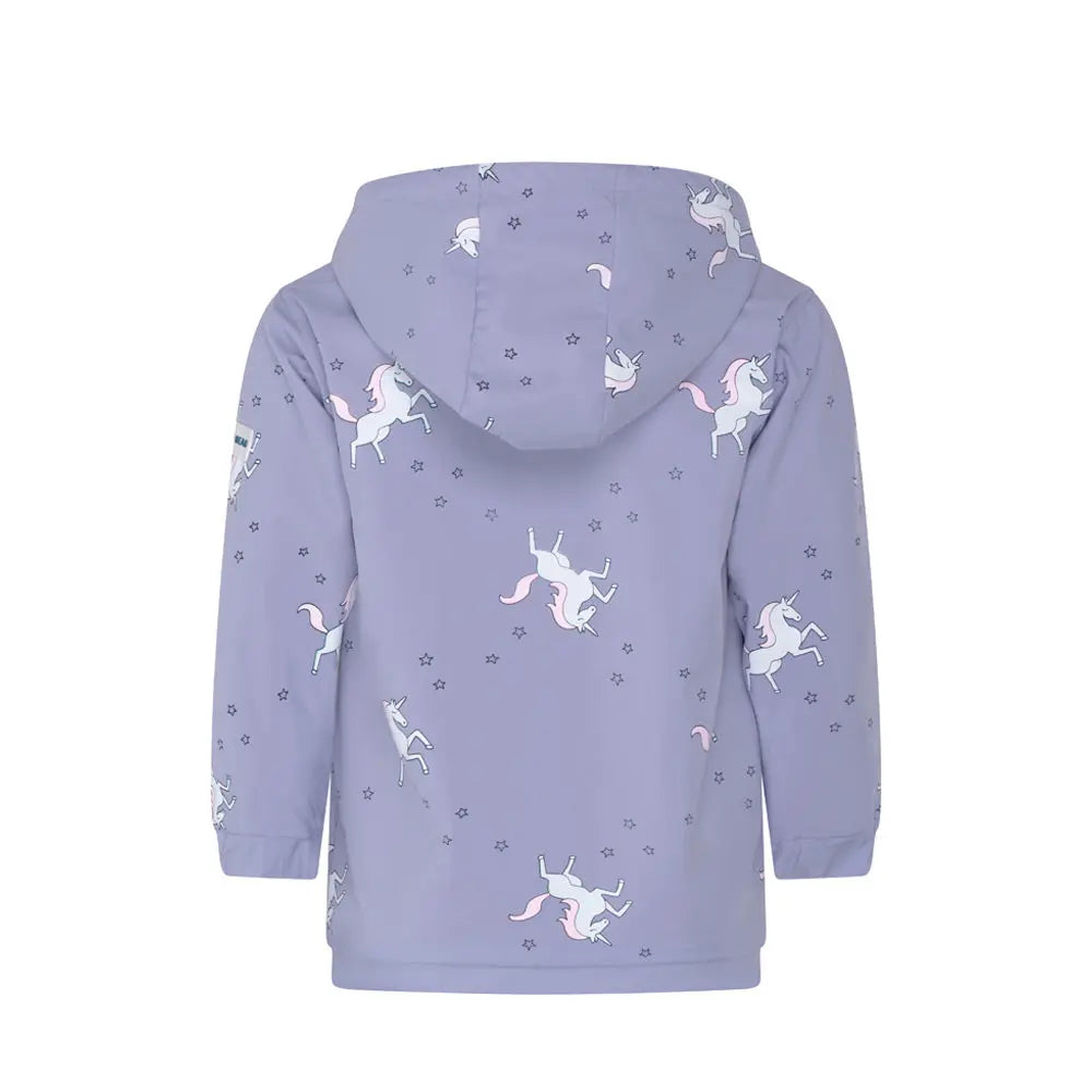 Girls unicorn color changing raincoat by Holly and Beau. Back dry view of the color changing girls unicorn raincoat