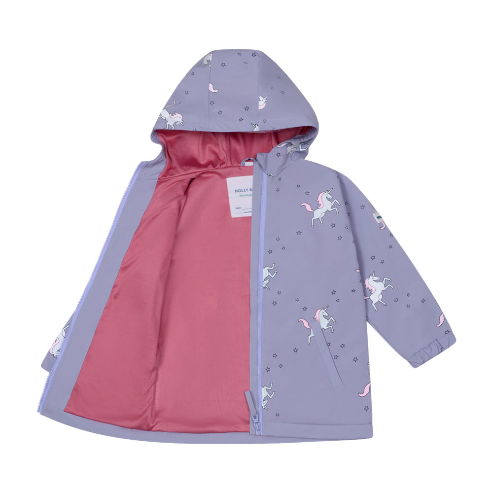 Girls unicorn color changing raincoat by Holly and Beau. Front dry view showing the lining of the color changing girls raincoat. Lining is a soft recycled polyester.