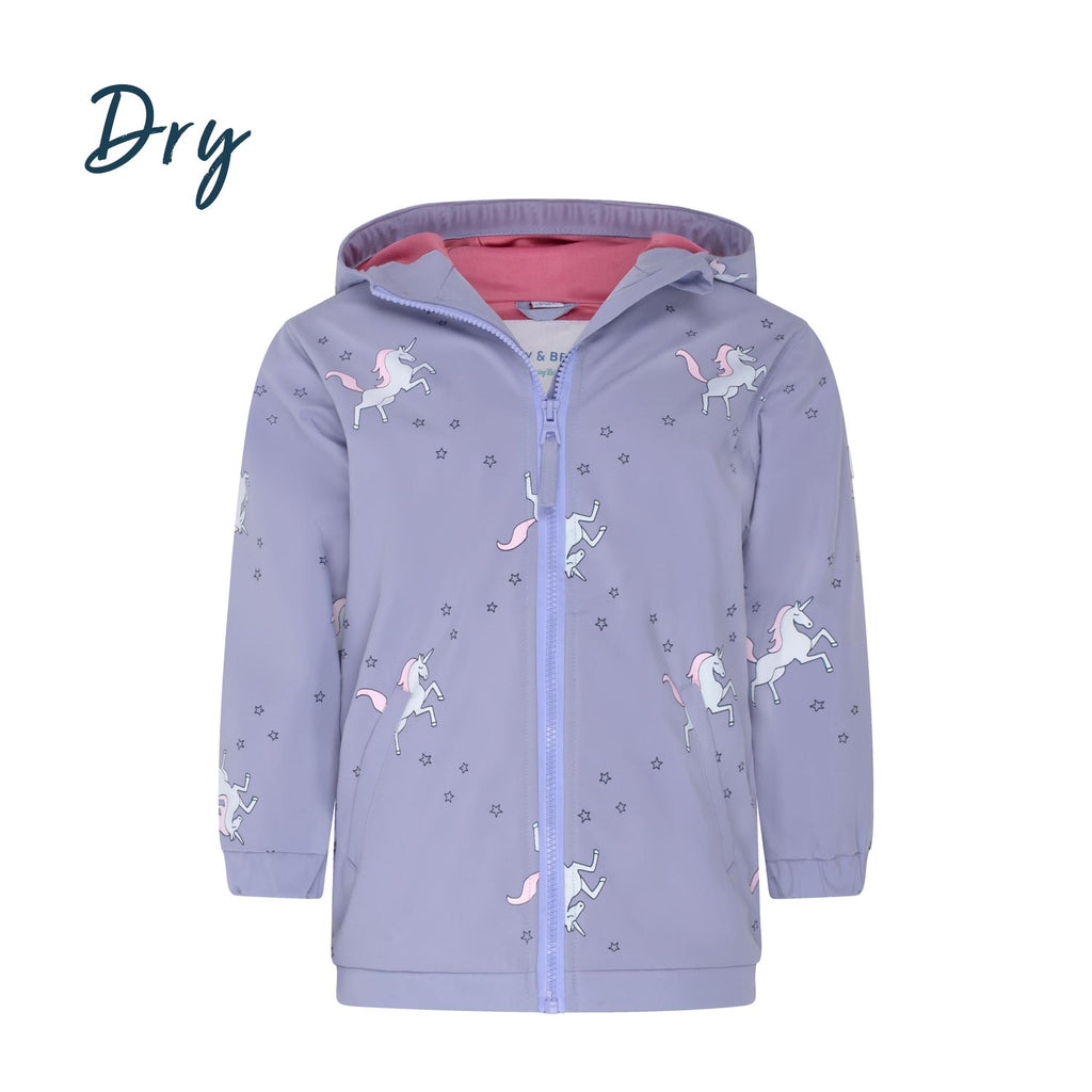 Girls unicorn color changing raincoat by Holly and Beau. Front dry view of the color changing girls raincoat.