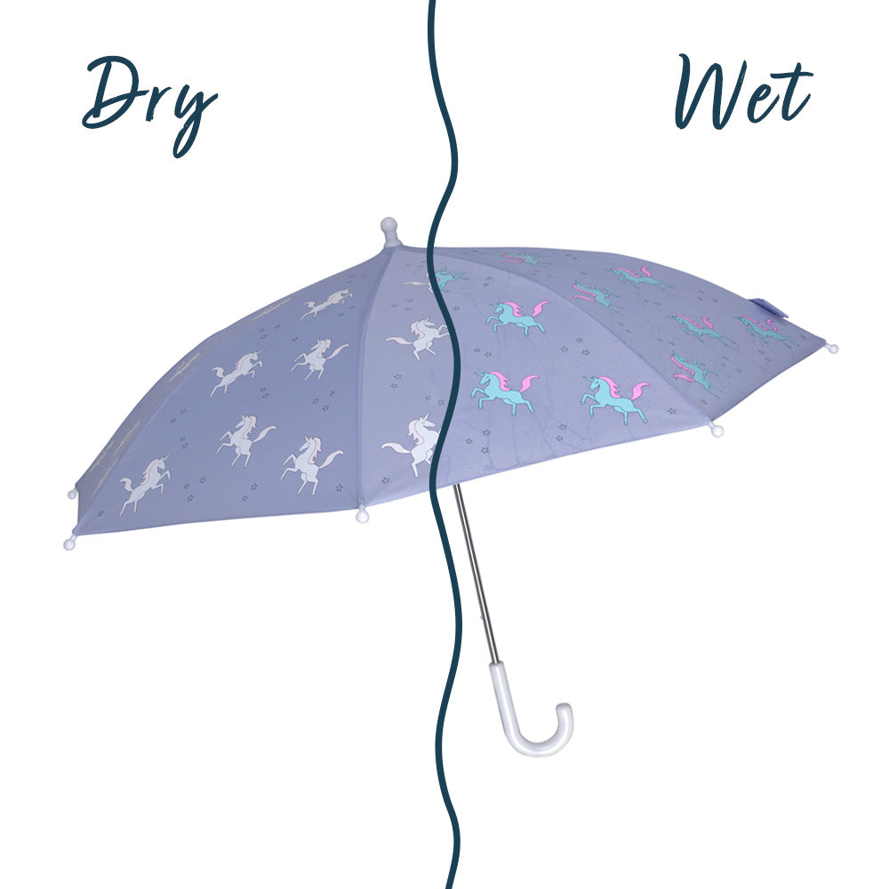Kids purple unicorn color changing umbrella by Holly and Beau. Side view of the kids color changing umbrella with a wet/dry comparison. Stick kids color changing umbrella.