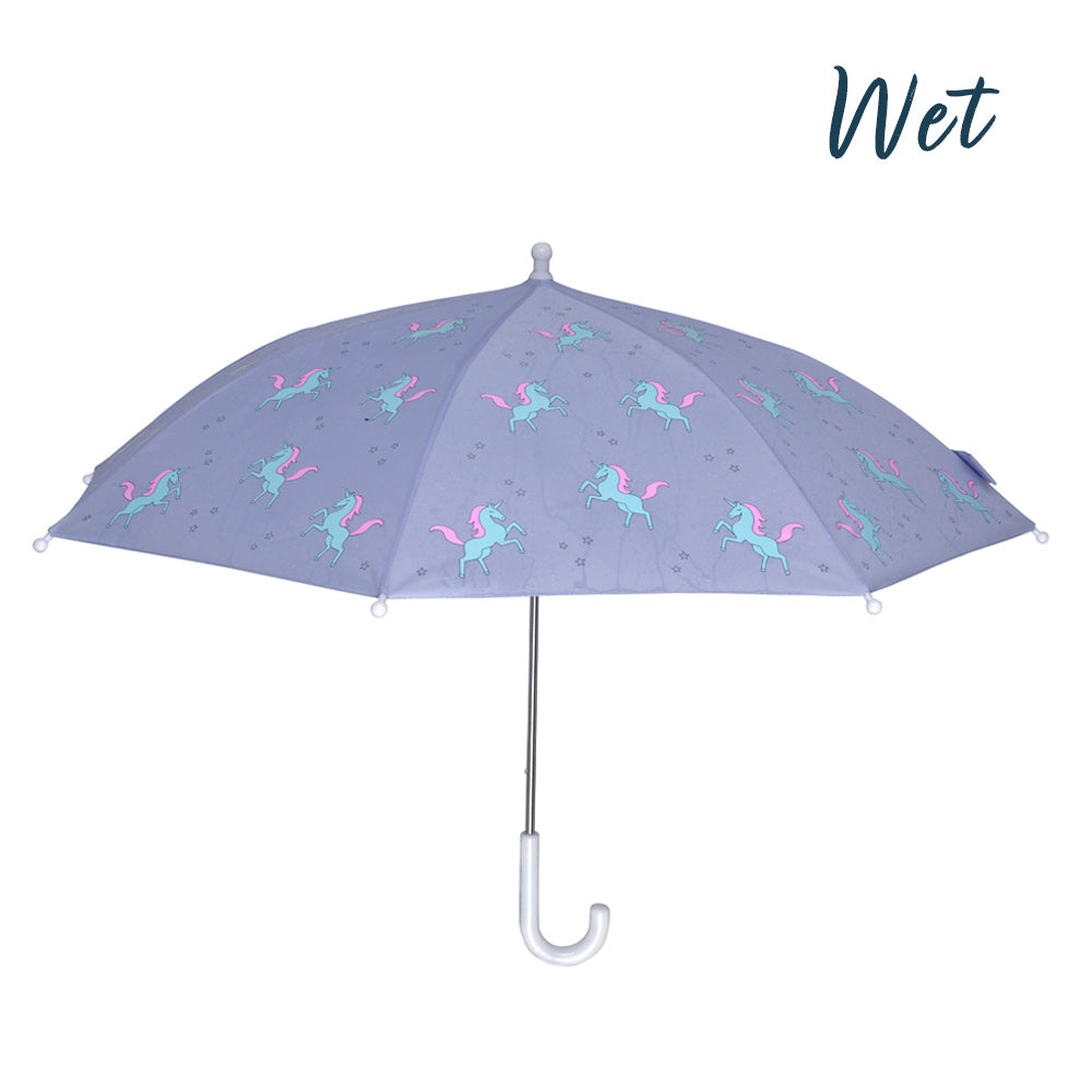 Kids purple unicorn color changing umbrella by Holly and Beau. Side view of the kids color changing umbrella with a wet view. Stick kids color changing umbrella.